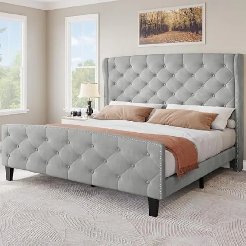 King Size Upholstered Bed Frame, Velvet Platform Bed with Deep Button Tufted Headboard & Nailhead Trim Wingback Footboard