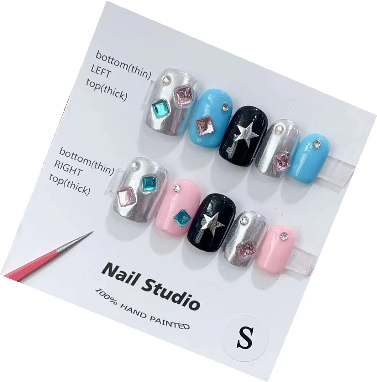 Colorful Handmade Press On Nails with Star Embellishment and Short Square Shape In Emmabeauty Store No. EM19196