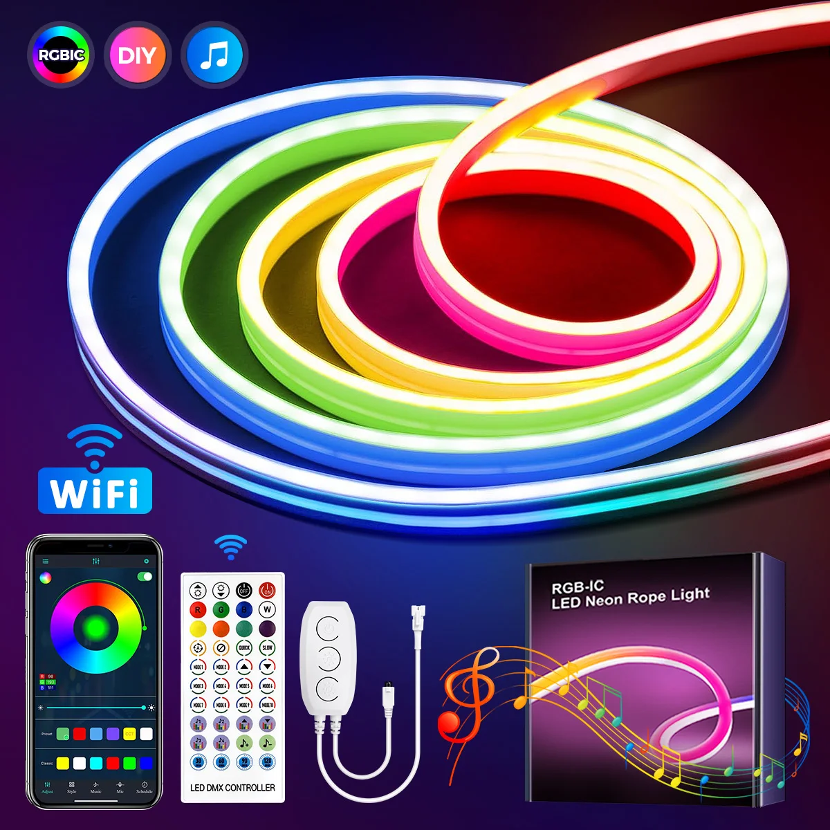 Intelligente RGBIC LED-Neonlichtleiste, Musiksynchronisierte Flexible Wasserdichte Lichtstreifen für Schlafzimmer, Kompatibel mit Alexa und Google Assistant