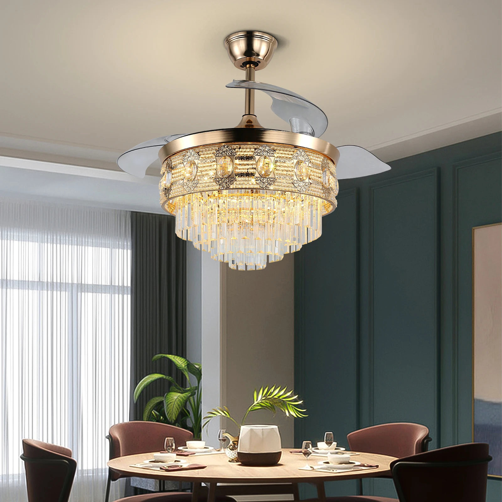 Modern Smart Ceiling Fan Chandelier Gold RC Adjustable 6 Speed Pendant Light Luminaire Bedroom 3 Heads Led Fandelier Lamp Indoor