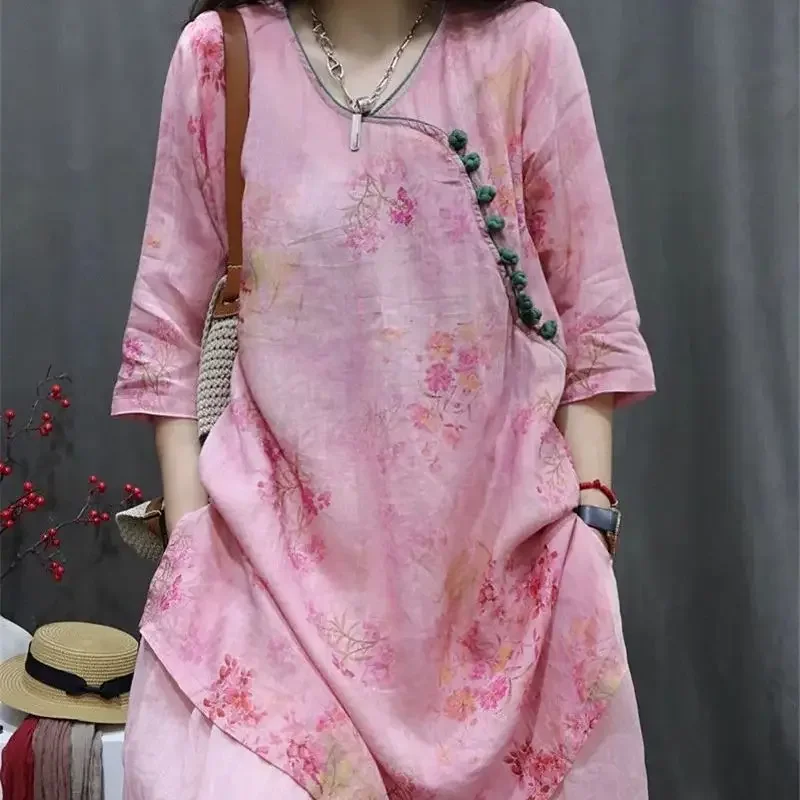 Chemisier à fleurs rose à col rond pour femmes, chemises Ramie, demi-manche, décontracté, mode estivale, niche, nouveau