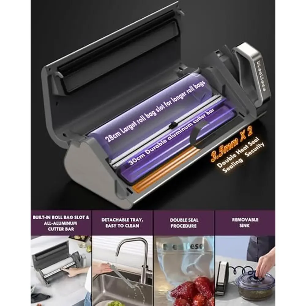 真空シーラーマシン 95kPa 140W デュアルシーリングストリップ 内蔵カッター カウントダウンディスプレイ ポータブル液体トレイ ETL認証済み