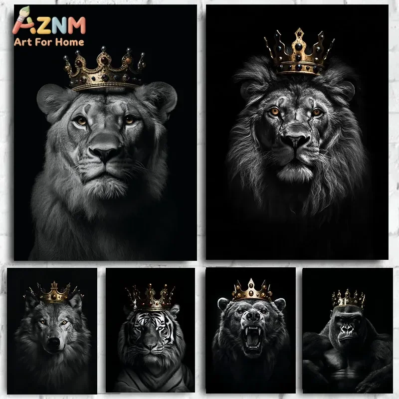 AZNM Black White King Lion Lioness Wolf Tiger Bear Gorilla with Crown Canvas Wall Art Print, Wild Animal Portrait Poster for Hom