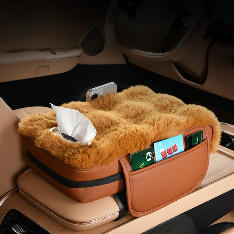

Plush Car Armrest Cushion With Tissue Box Winter Warm Fluffy Auto Center Console Arm Cover Pads Automobile Interior Accessories