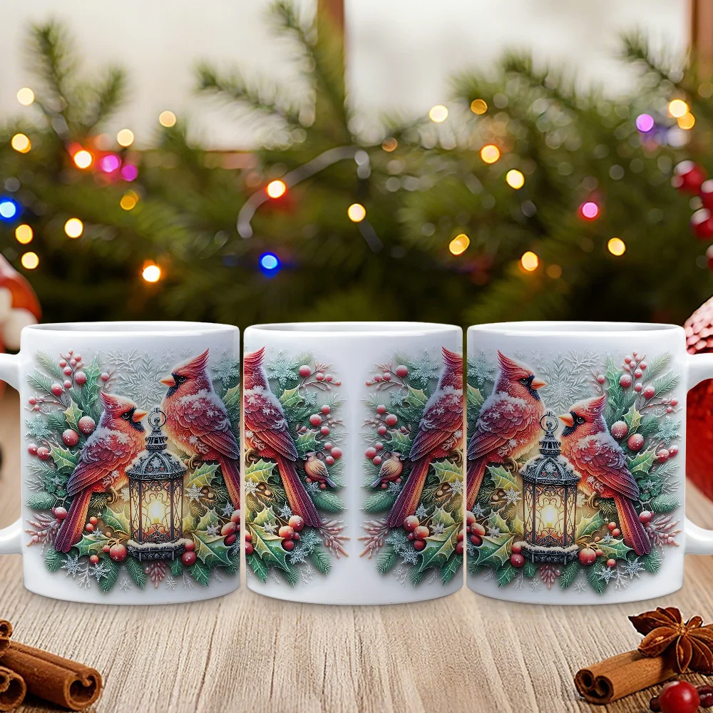 1pc a Christmas-Themed Coffee Mug Featuring a Cardinal Bird, Designed with a Vintage Lantern Pattern And Festive Winter Berries And Snowflakes. This Drinkware Makes a Perfect Gift for Family, Friends, And Colleagues