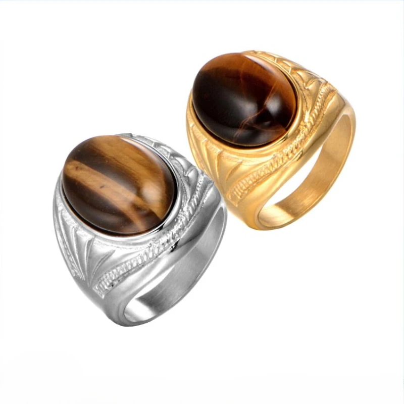 

Simple Oval Natural Tiger Eye Stone Stainless Steel Men's for Rings Size 7-13 Jewelry