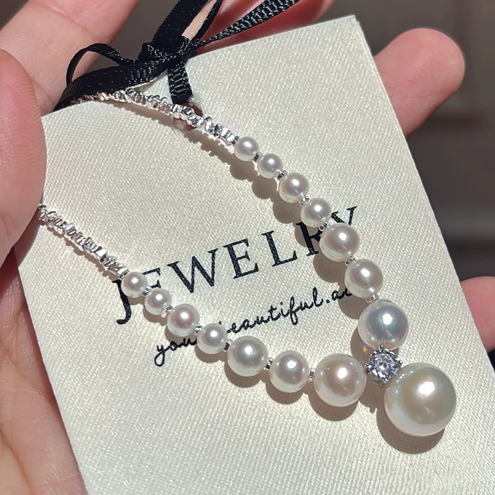 

Natural Real Pearl Fine Luxury Jewelry Gradient Sexy Pearl Necklace for Women wtih Small Piece of Silver and Sparkling Zirconia