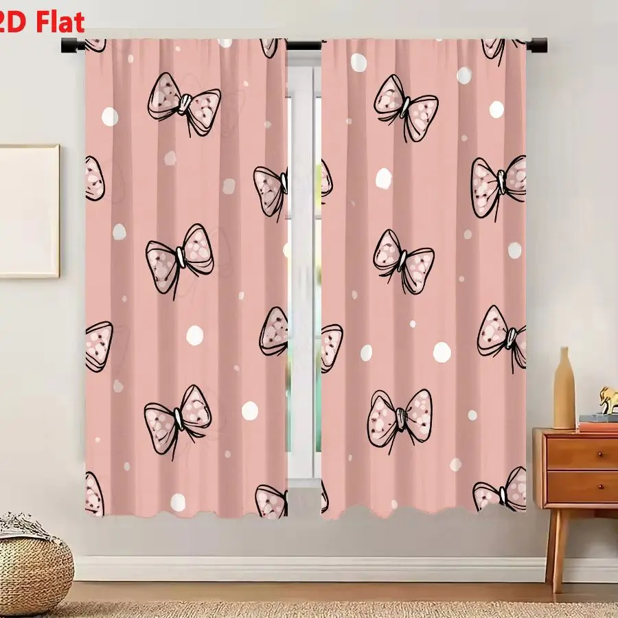 2Pcs Curtains 2D Flat Soft Pink Seamless Pattern With Sketch Style Bow And Polka Dots Window Drapes for Bedroom Room Decor Decor