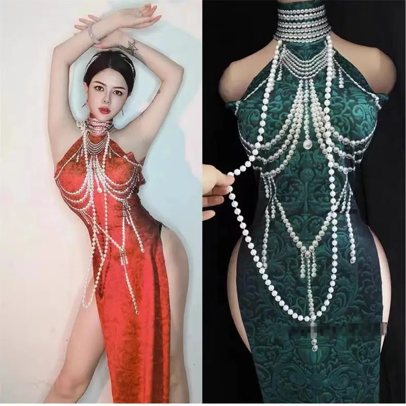 

High-end bar nightclub ds leading Chinese style retro sexy pearl dark green cheongsam night Shanghai gogo performance costume