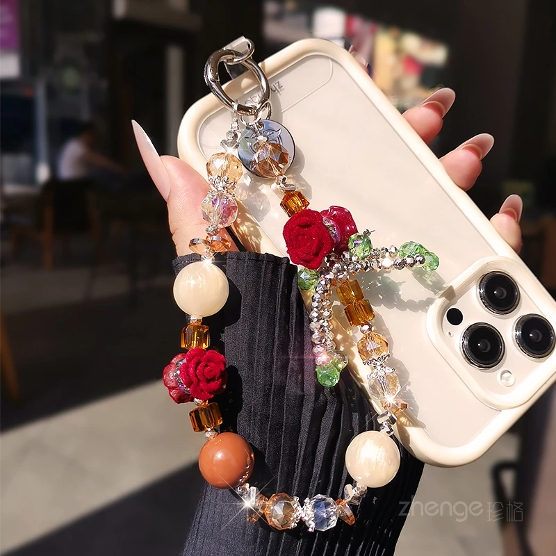 

Красная роза, цепочка для мобильного телефона с жемчугом, женское украшение на запястье, изысканный роскошный ручной ремешок-цепочка