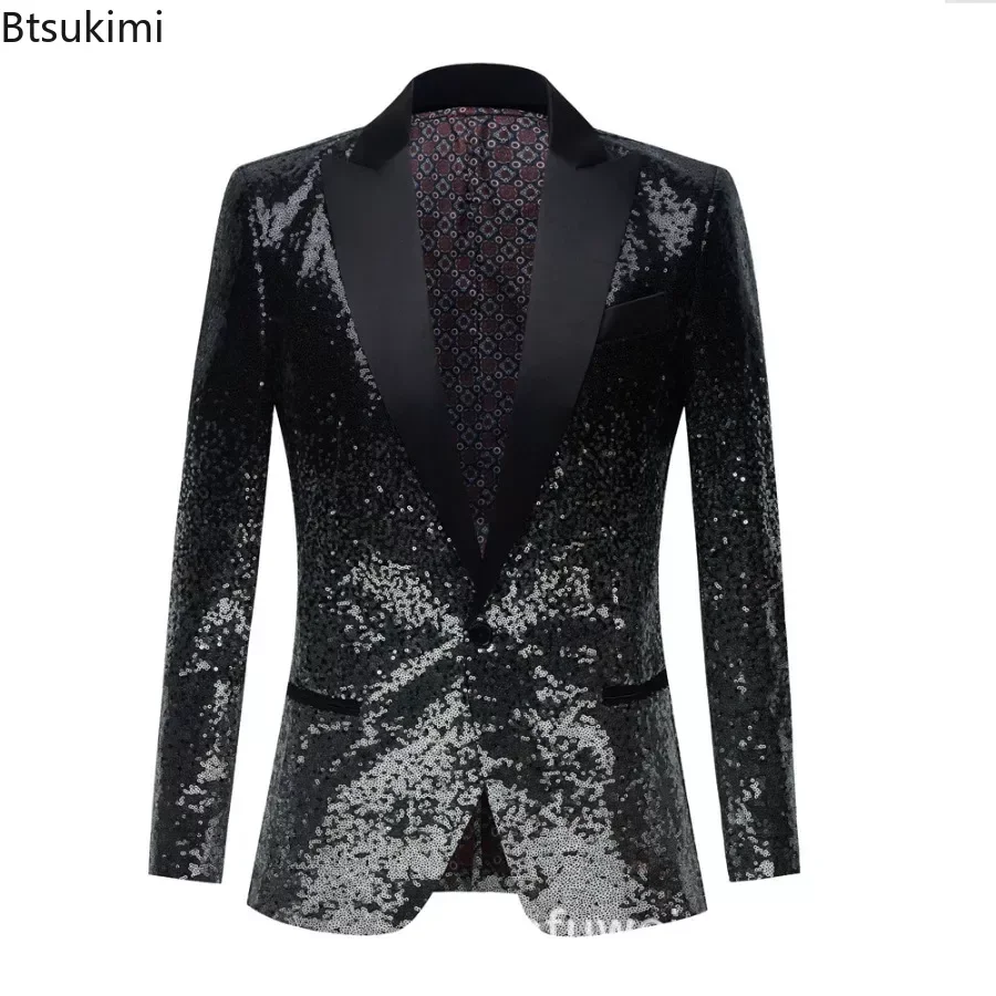 New Men's Gradient Sequin Color Matching Suits Jacket Stage Singer Jacket Nightclub Wedding Host Costume Man Party Suits Jacket