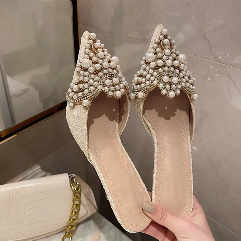 Spring and Autumn Fashion Sexy Women\'s Shoes Elegant Beaded Crystal Lace Patchwork One Pedal 35-42 Stiletto Slippers 2021 New