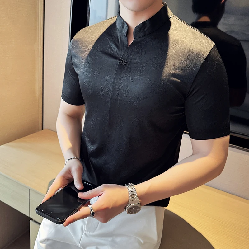 New Chinese Style Stand-up Collar Seamless Polo Shirts Summer Fashion Jacquard Short Sleeve Slim Elasticity Breathable T-shirt