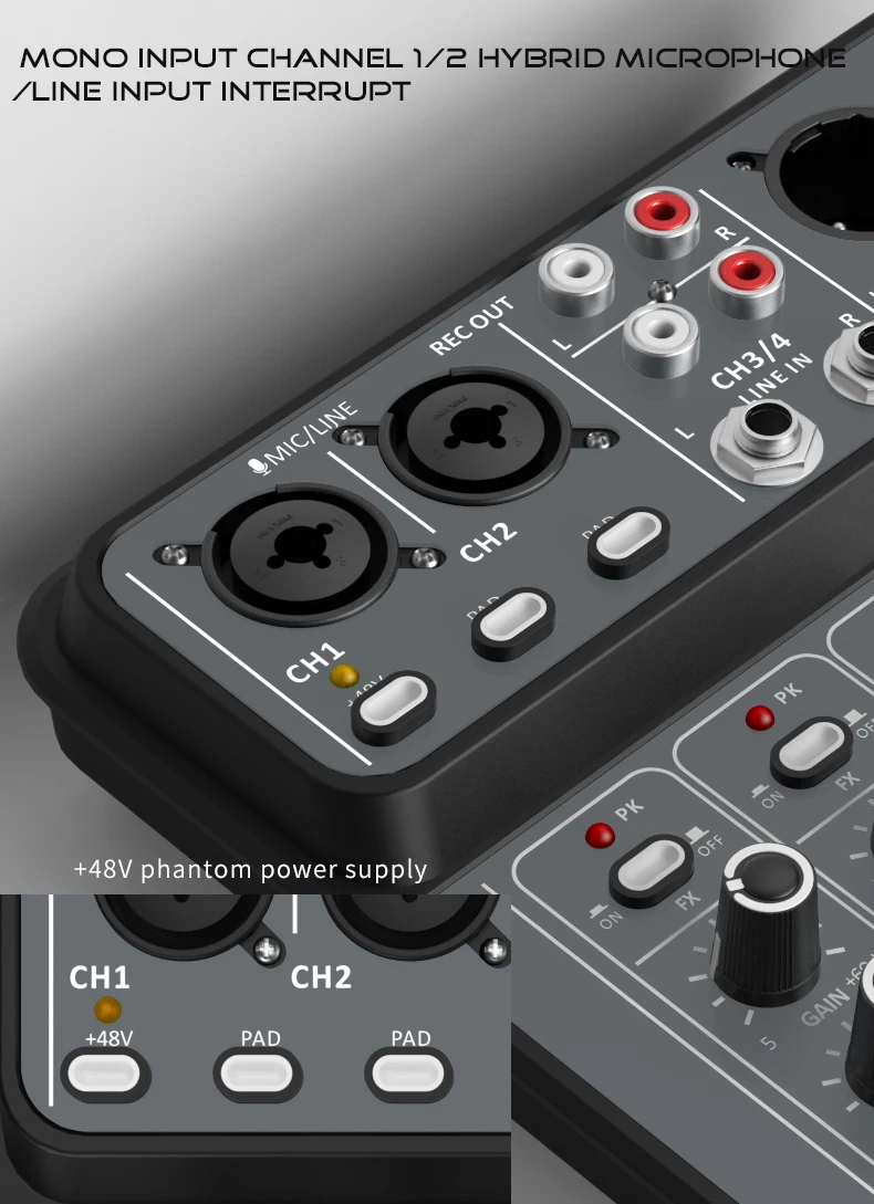 4 Channel Audio Mixer 48V Phantom Power USB Studio Sound Mixers Bluetooth DJ Console Mixing for Karaok