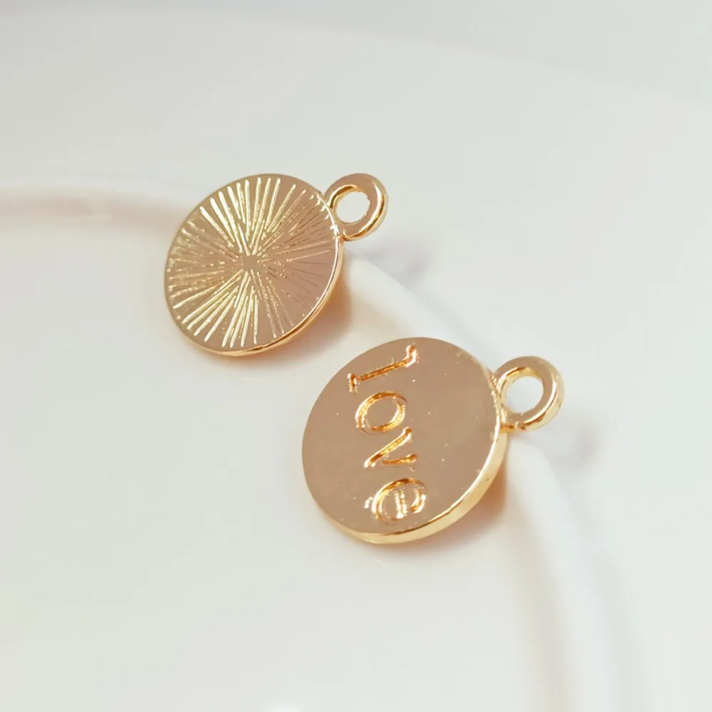 14K Gold-plated LOVE Metal Wire Pattern Round Piece Pendant, 13mm Bracelet Necklace Pendant, DIY Handmade Jewelry