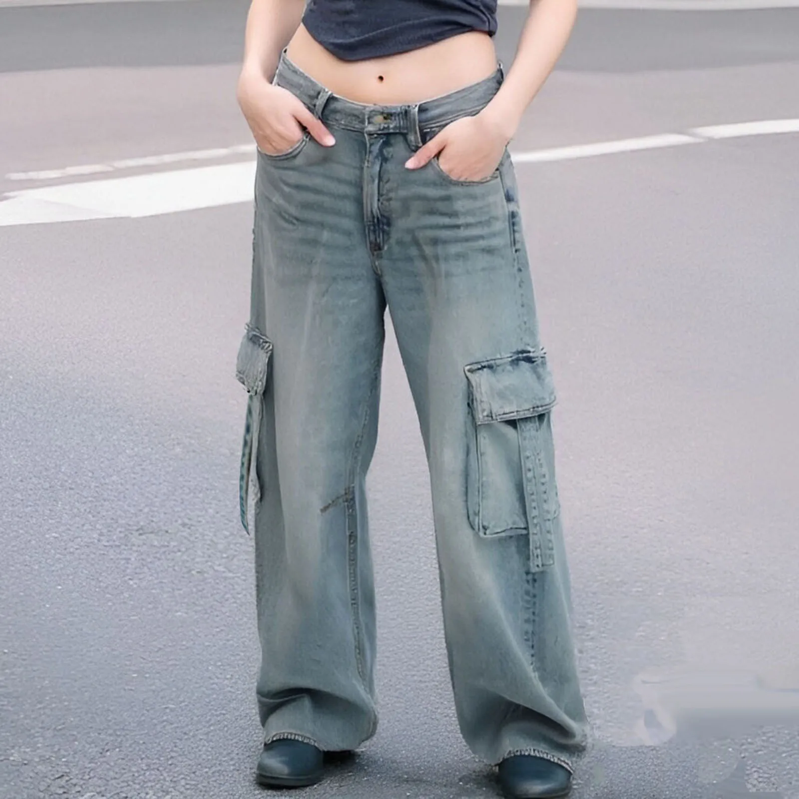 Pantalones vaqueros holgados cargo para mujer, pantalones vaqueros de talle bajo con múltiples bolsillos, pantalones largos informales para oficina al aire libre