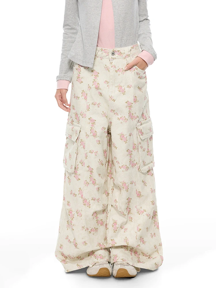 REDDACHiC Cutecore Floral Cargo Jeans Korean Multi-pocket Loose Fit Low Waist Wide Leg Denim Joggers Lounge Woman Streetwear