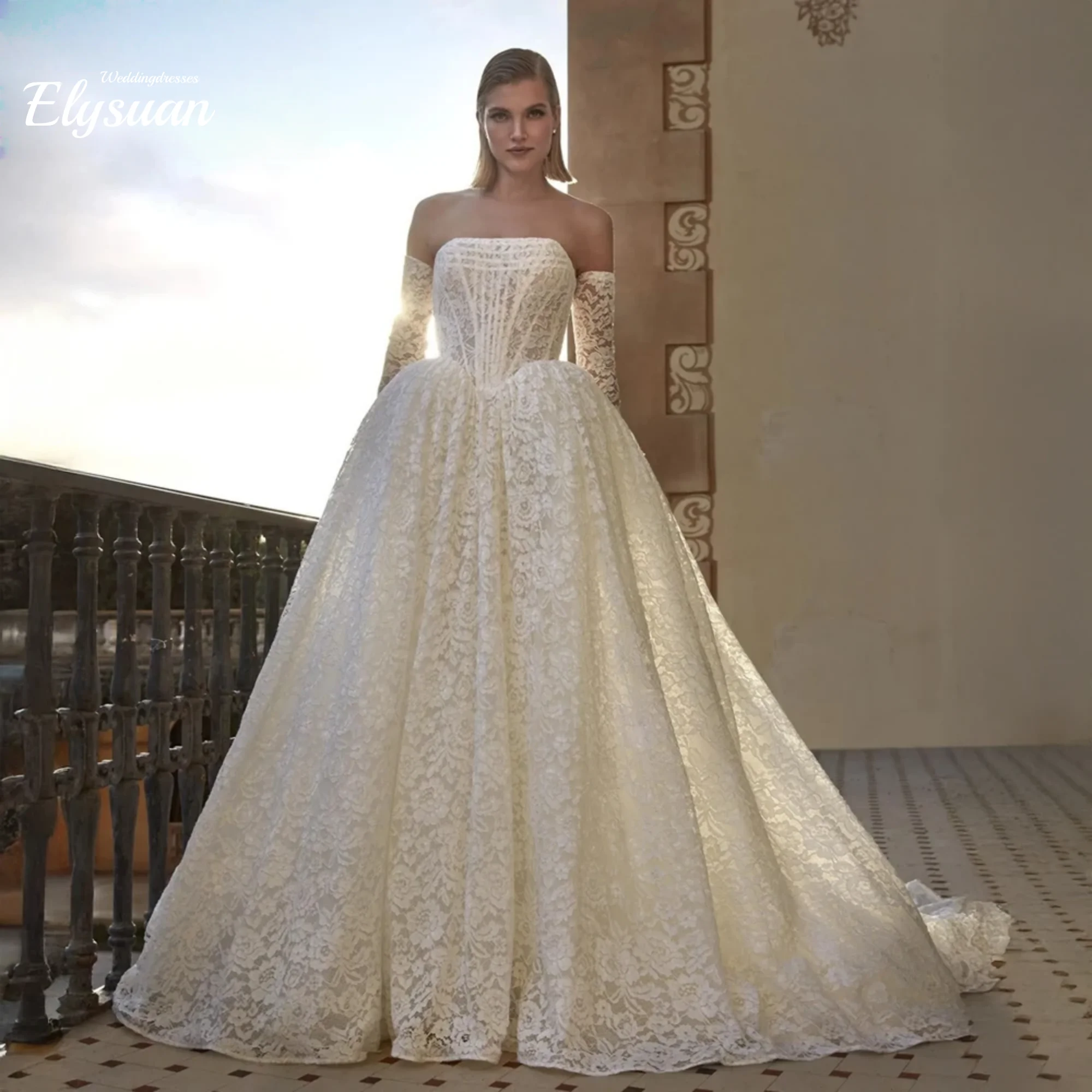 

Customized Strapless Lace Ball Gown Wedding Dress with Detachable Long Sleeves for Bridal Dress bespoke occasion dresses
