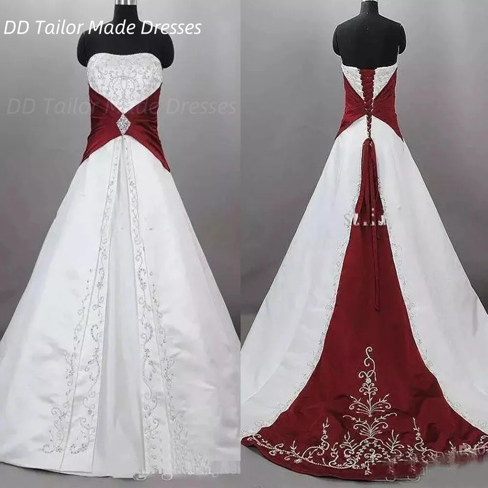 Vintage Embroidery Wedding Dress White And Burgundy A-Line Satin Bridal Gowns Robe De Mariée Lace-Up Back Customized Vestido