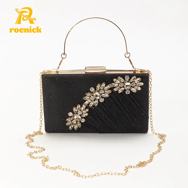 

ROENICK Women Sparkling PU Rose Gold Rhinestone Evening Clutch Party Banquet Chain Shoulder Bags Vintage Club Tote with Handle