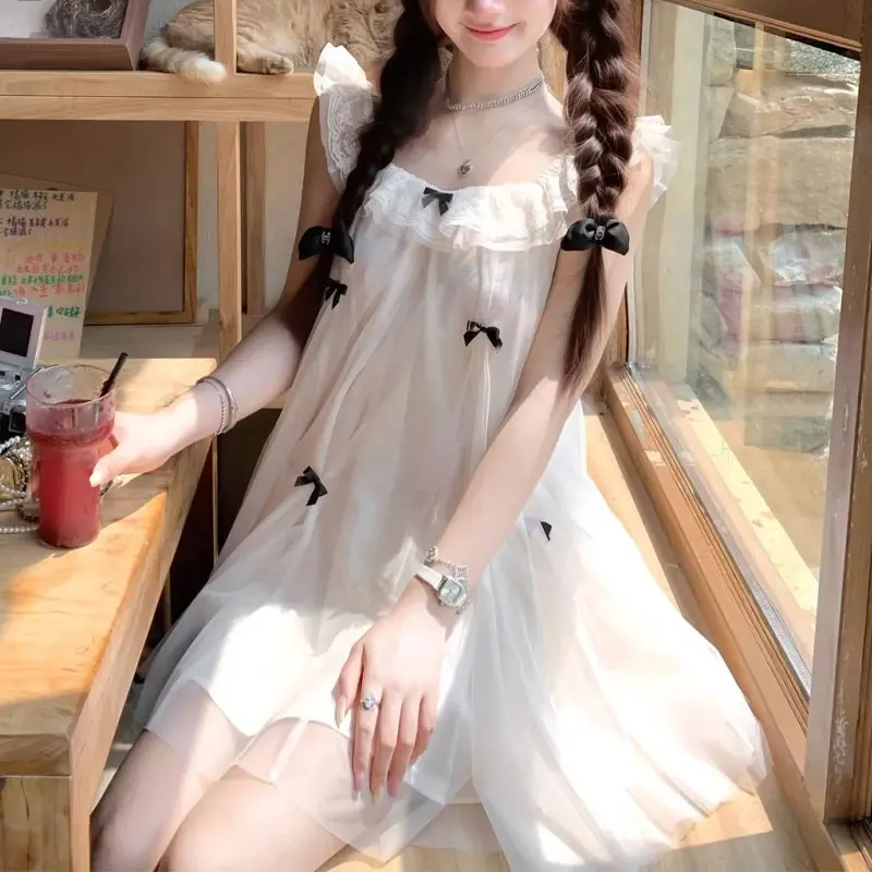 

French Style Lace Spliced O-Neck Dresses Female Clothing Gauze Sweet Summer A-Line Aura Fashionable Bow Sleeveless Mini Dress