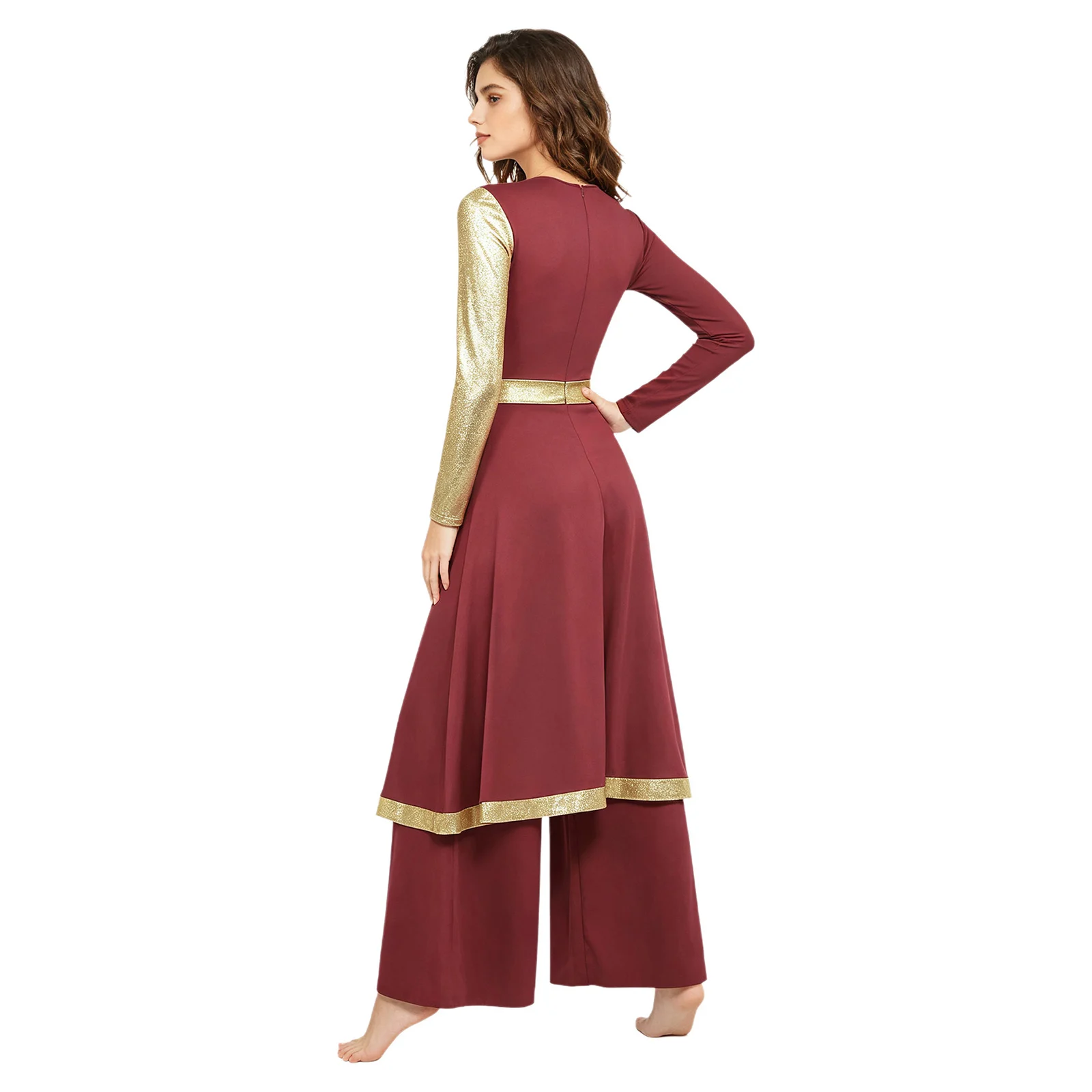 Womens Praise Lyrical Dance Jumpsuit Christian Worship Church Liturgical Dancewear Metallic Long Sleeve Wide-leg Skirt Bodysuit