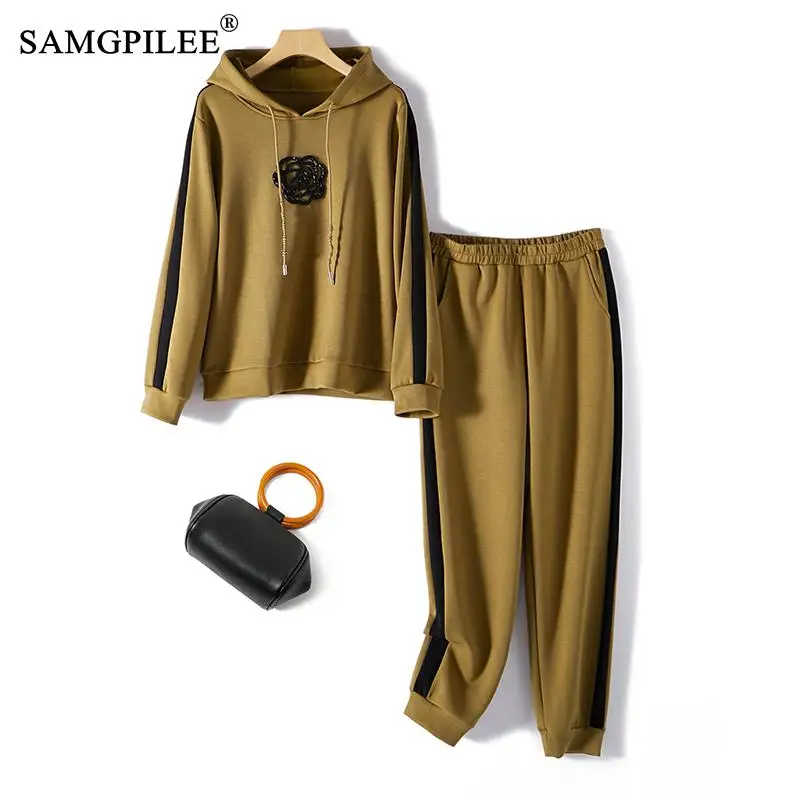 

2 Piece Sets Womens Outfits Trendy Beaded Flower Hooded Sweater Elastic Waist Tunic Two-piece Casual Autumn Women's Tracksuit