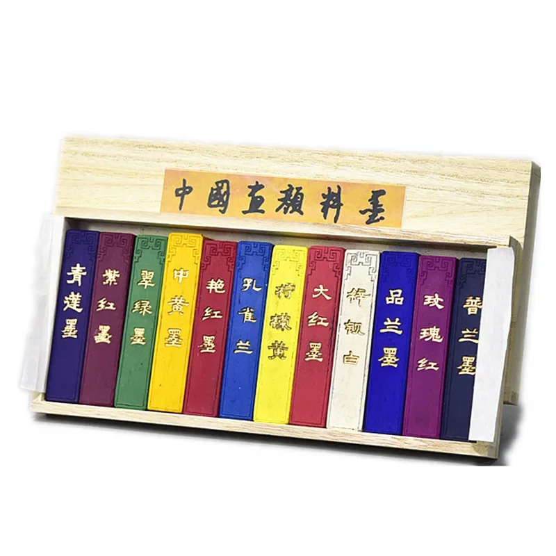 Hu Kaiwen Colorful Ink Stick Hui Mo Calligraphy Inker 12 Colors Ink Stick Painting Chinese Ink Block Calligraphy Ink Bar Stone