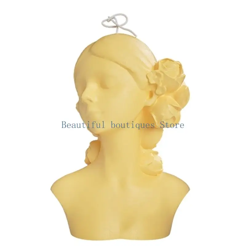 U4LF European Character Blindfolded Girl Plaster Portrait with Rose Closed Eyes Sculpture Scented Candle Epoxy Silicone Mold
