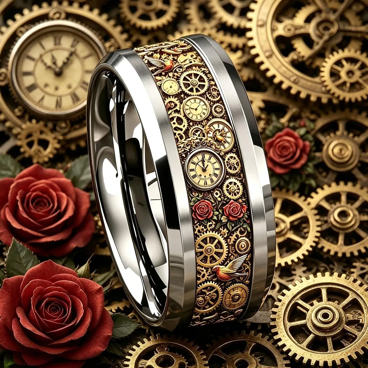 Vintage Steampunk Mechanical Gear Clock Rings for Men Silver Color Stainless Steel Ring Retro Rock Biker Jewelry Gift Wholesale