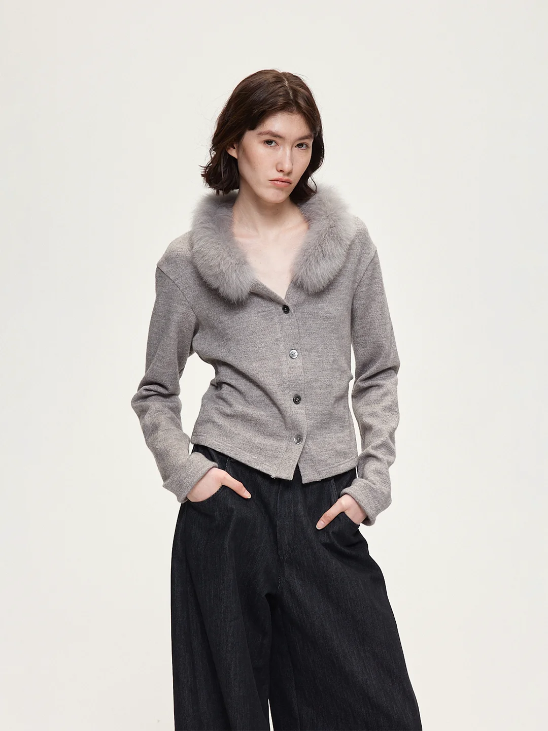 

ACOSEY Detachable Real Fur Collar Knitted Open Cardigan Outerwear Casual Sle Slim Fit Long Sve ort Length V Ne
