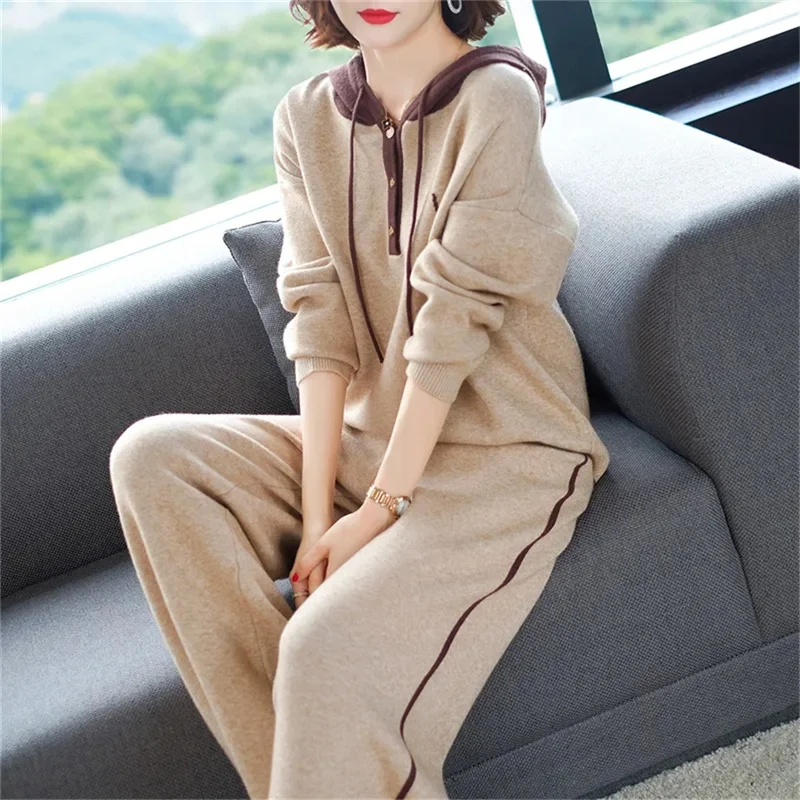 

Casual Hoodie Small Knitted Suit For Women Autumn And Winter Loose And Fashionable Wide Leg Pants Sweater Slim Fit For Women New