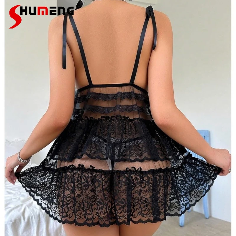 Canotta Lingerie Camicia da notte per donna Camicie da notte sexy con cinturino in rete Sheer Pure Desire Salotto intimo femminile di colore nero