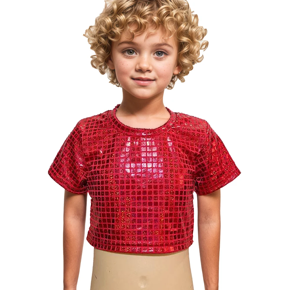 Kids Shiny Metallic Short-sleeved Crop Top Laser Grid Mock Neck Hip-hop Jazz Dance Costumes Street Dance Stage Performance Wear