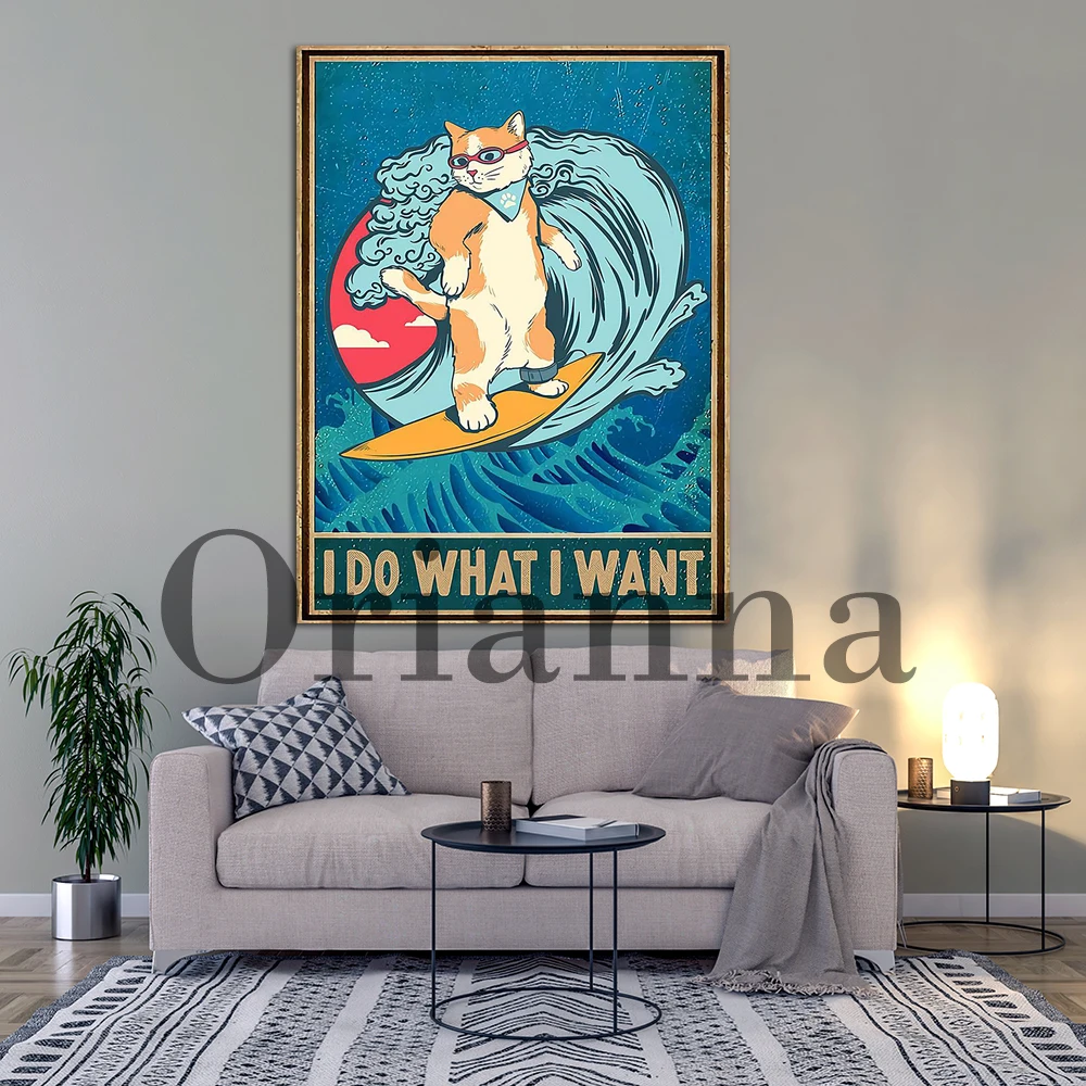 Cat Surfing I Do What I Want Motivatiol Retro Poster And Prints On Canvas Wall Art Picture For Living Room Cuadros Home Decor