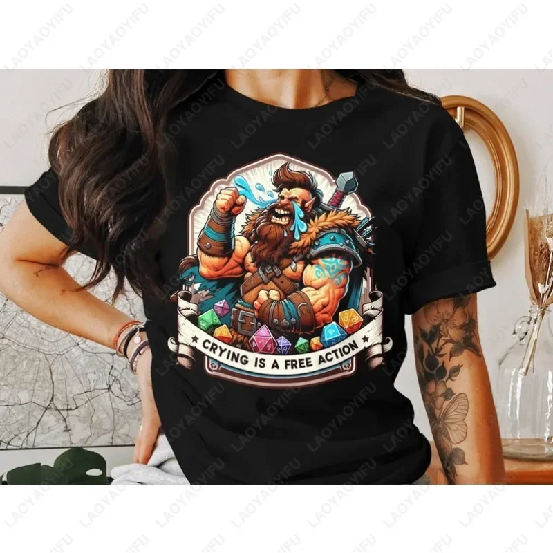 Fantasy Gamer Crying Is A Free Action Cotton Tshirt RPG Dwarf Warrior Graphic Unisex Tops Men Women DandD DND Game Fan Tees Gift
