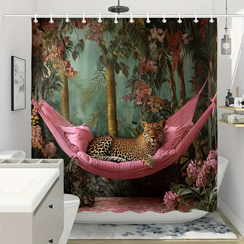 1pc Tropical Jungle Style Shower Curtain Features Greenery And Vibrant Flowers to Create a Rainforest Atmosphere, Paired with a