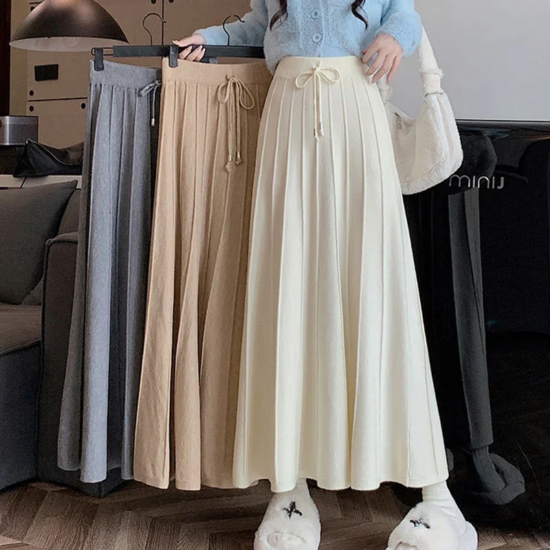 Autumn Winter Knitted Long Skirts Women Fashion Lace Up High Waist A Line Skirt Woman Solid Color Soft Warm Mid Length Skirts
