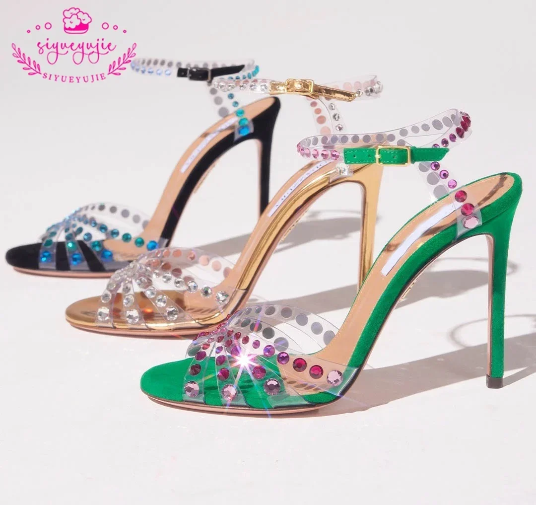 

siyueyujie Clear PVC Crystal Sandals Blue green Peep Toe Buckle Strap Thin High Heels Sandals Woman Summer Lady Stilettos Shoes