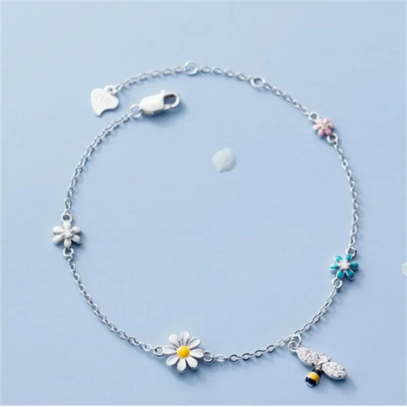 

925 Sterling Silver Charm Bracelet for Women Girls Tassel Zircon Daisy Bee Fashion Jewelry Accessories for Wedding Party