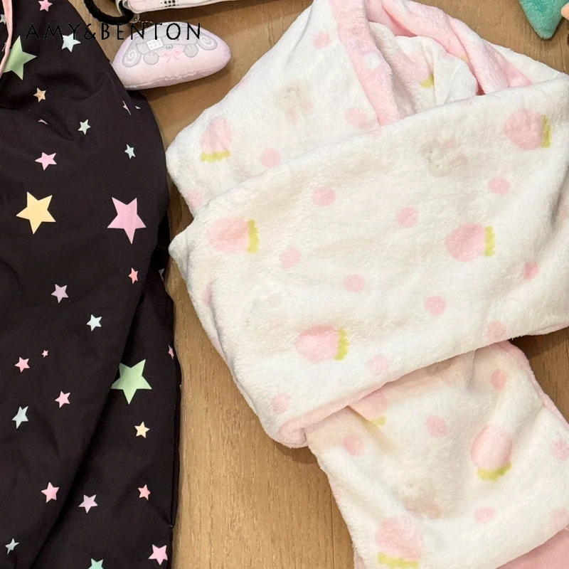 Original Cute Strawberry Rabbit Printed Double-sided Scarf Students Flannel Soft Warm Sweet Kawaii Scarf Women Autumn Winter New