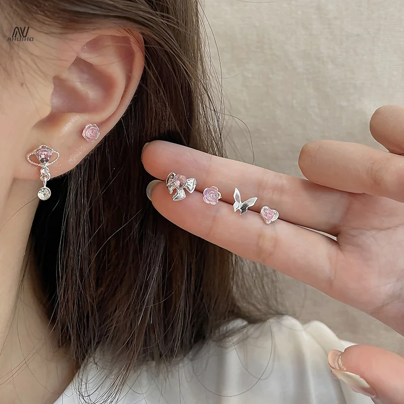 1Set Korea Cute Pink Crystal Heart Little Stud Earrings Sweet Cool Love Zircon Ear Studs Aesthetic Earrings Girl Jewelry Gift