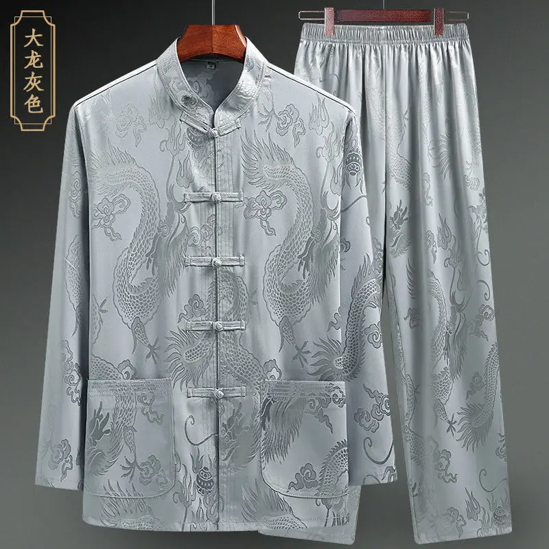 Men Silk Satin Shirt Chinese Traditional Tang Suit Smooth Men Dragon Print Shirt Business Chemise Homme Casual Kong Fu Shirts