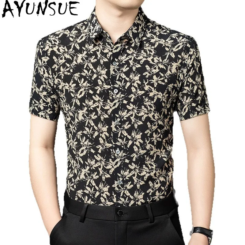 

Мужская рубашка AYUNSUE из 100% натурального шелка тутового шелкопряда, с коротким рукавом, летняя, тонкая, модная, с принтом, коллекция 2026