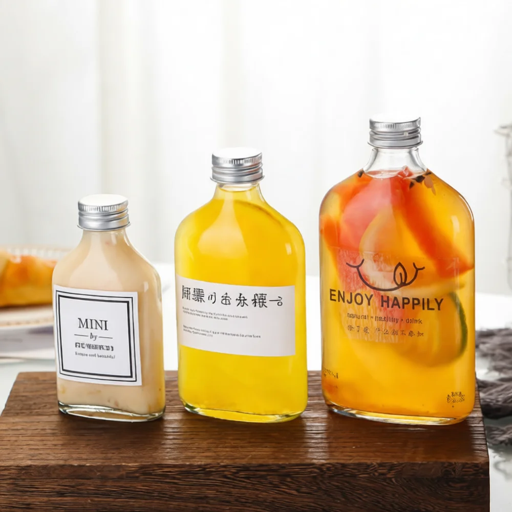 Portable Glass Flask For Beverage Packaging Flat Curved Style Transparent Juice Coffee Bottle Home Kitchen Ware