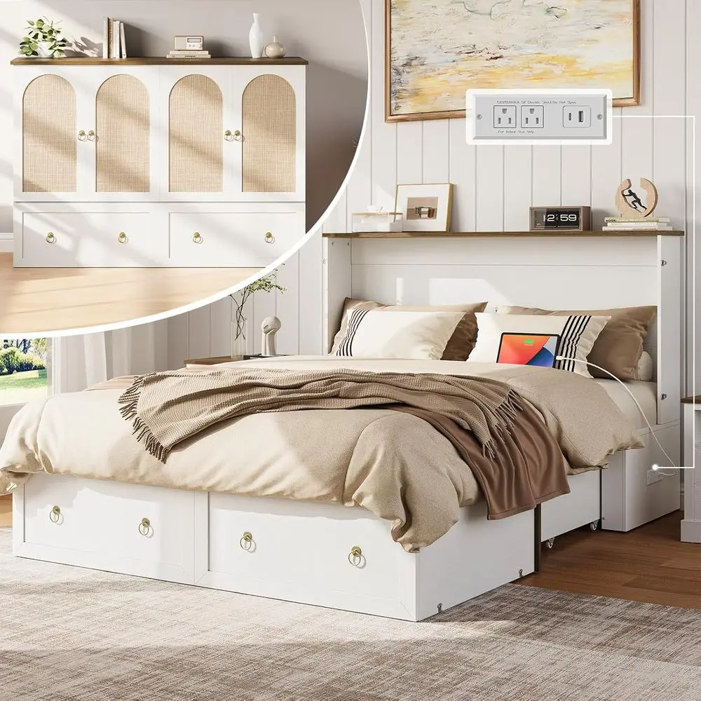 Rattan Queen Bed with Storage Drawers, Wood Cabinet Bed, Ideal for Bedroom, Living Room, and Office, Space-Saving Hideaway Beds