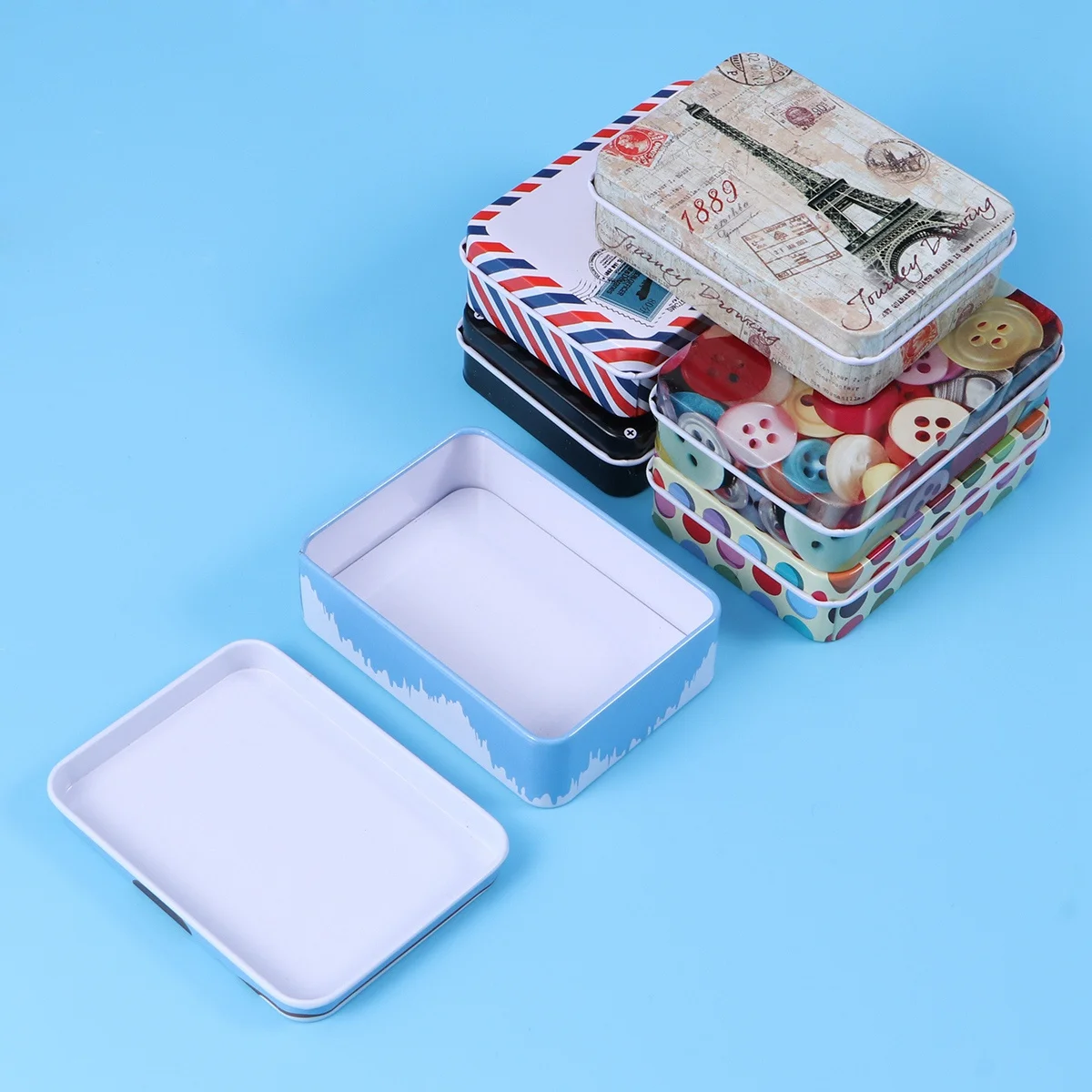 

6 pcs Iron Tin Box 3.54X2.56X1.1In Design Storage Case For Jewelry Coins Candy Pills Beads Small Items