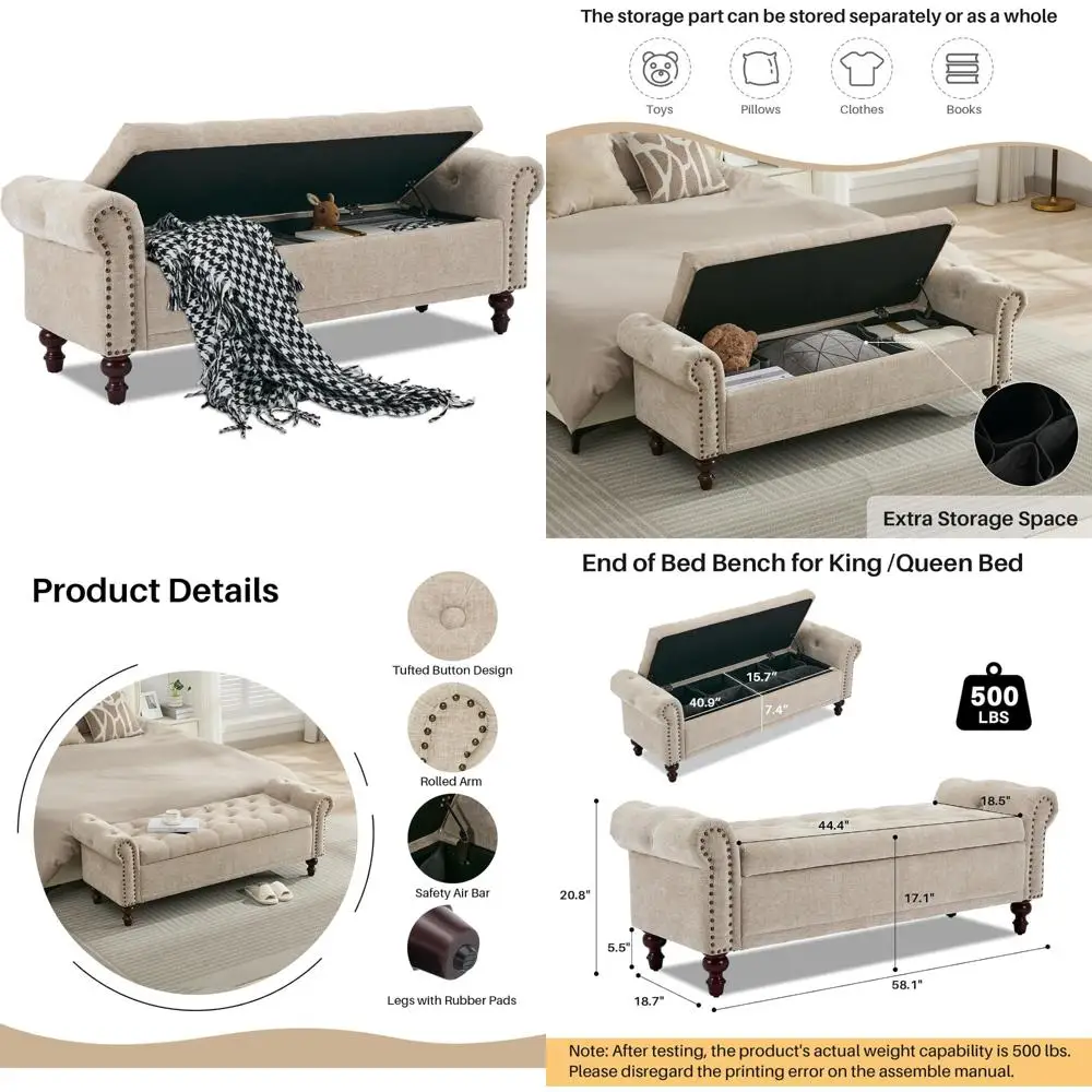 

Большой пуфик для хранения вещей с тафтинговой обивкой из синели, свернутым кронштейном и скамейкой для спальни на конце кровати