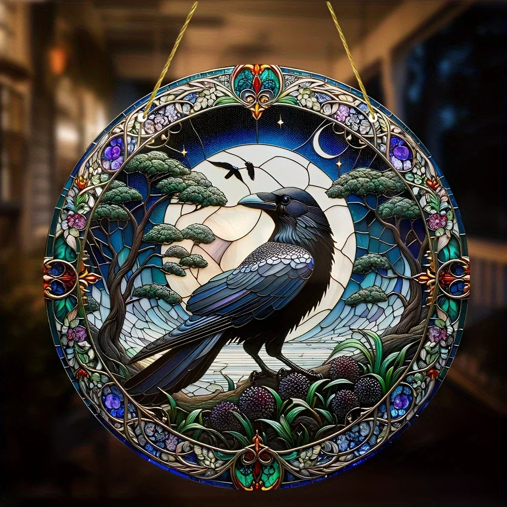 Black Crow Window Hanging Suncatcher,Translucent Round Acrylic Sign, Wreath Center,Porch Garden Home Courtyard Office Decoration