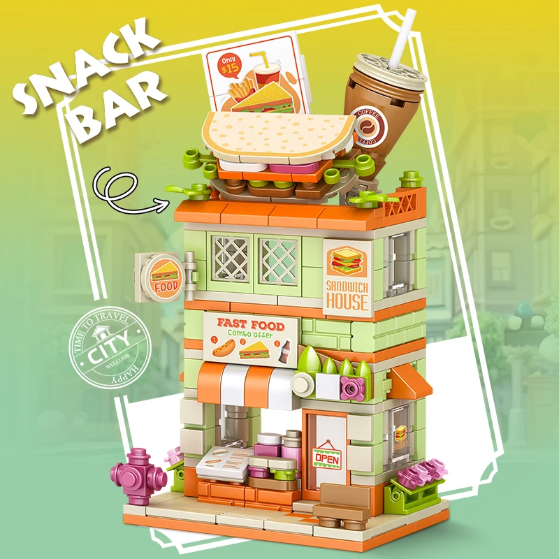 

City Building Blocks Bubble Tea Shop Sandwich Store Dessert House Model Set Desktop Decor Kids DIY Toys Christmas Birthday Gift